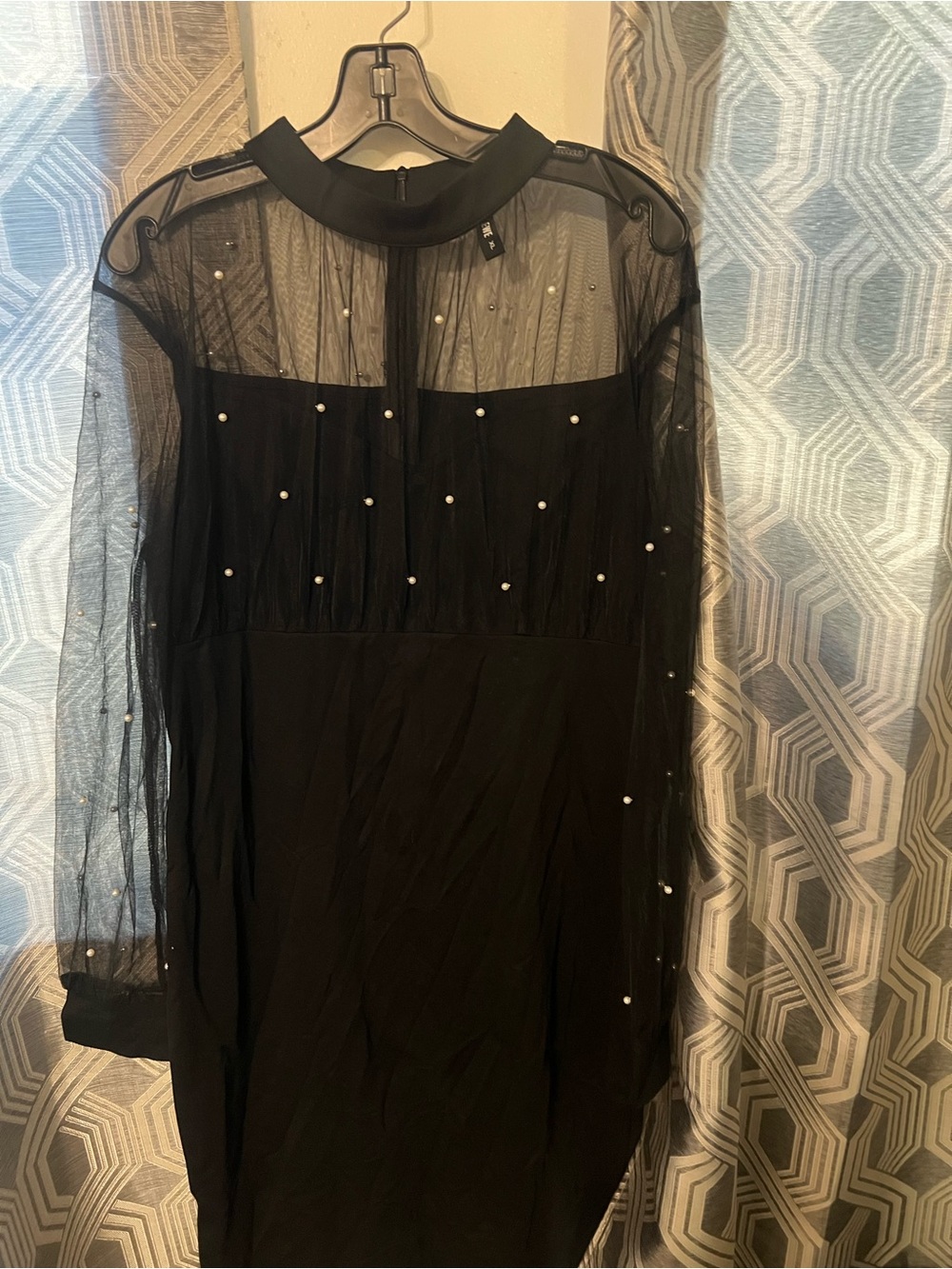 Black Long-Sleeve Mesh Dress with Pearl Embellishments